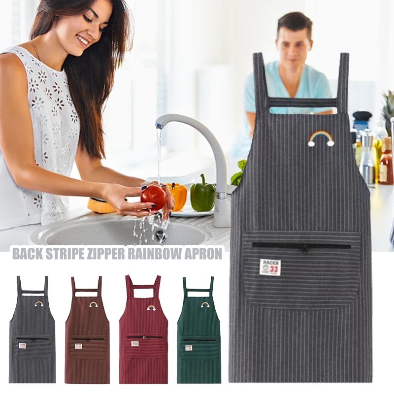 Home Cooking Oil - Striped Zippered Cotton Apron With Straps